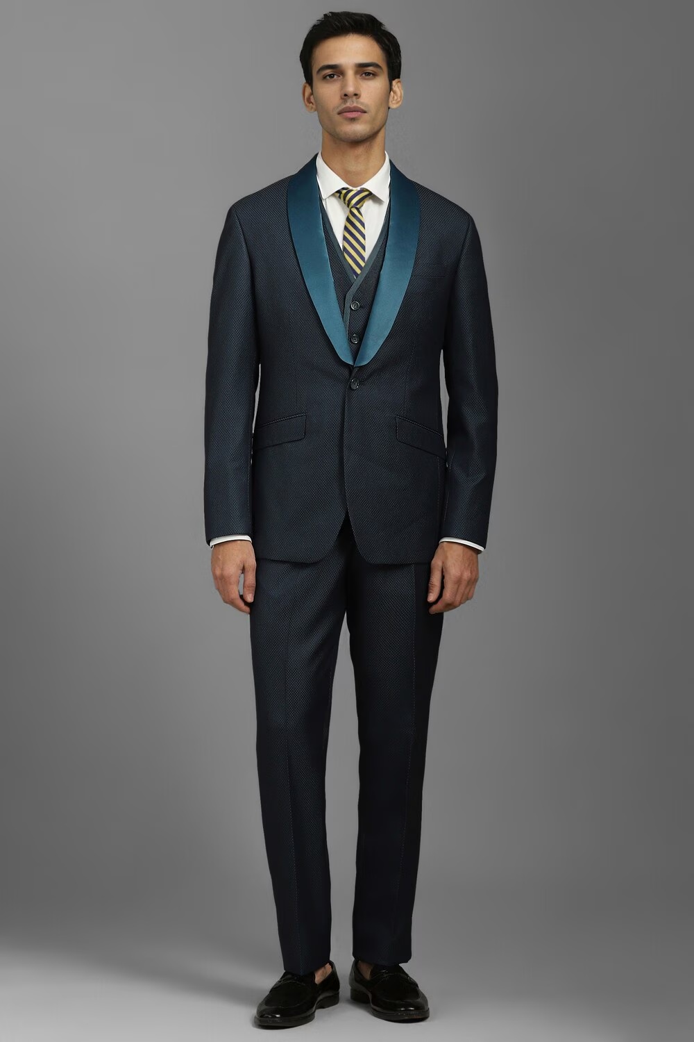 Men Navy Slim Fit Print Formal Three Piece Suit-Navy