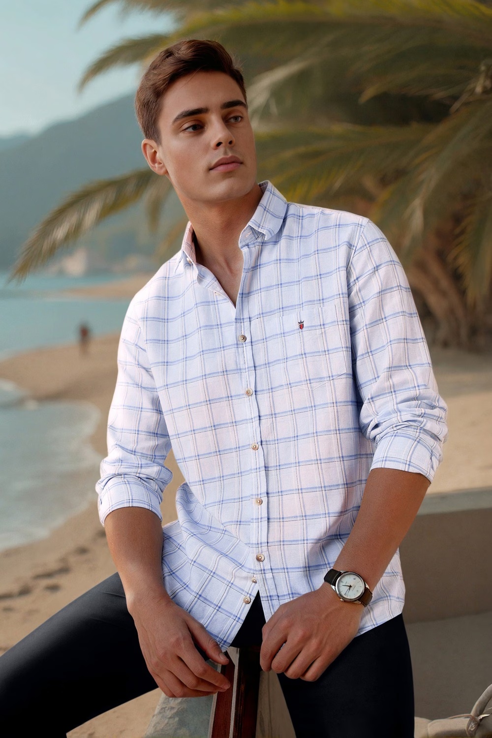 Men Light Blue Slim Fit Check Full Sleeves Casual Shirt-Light Blue