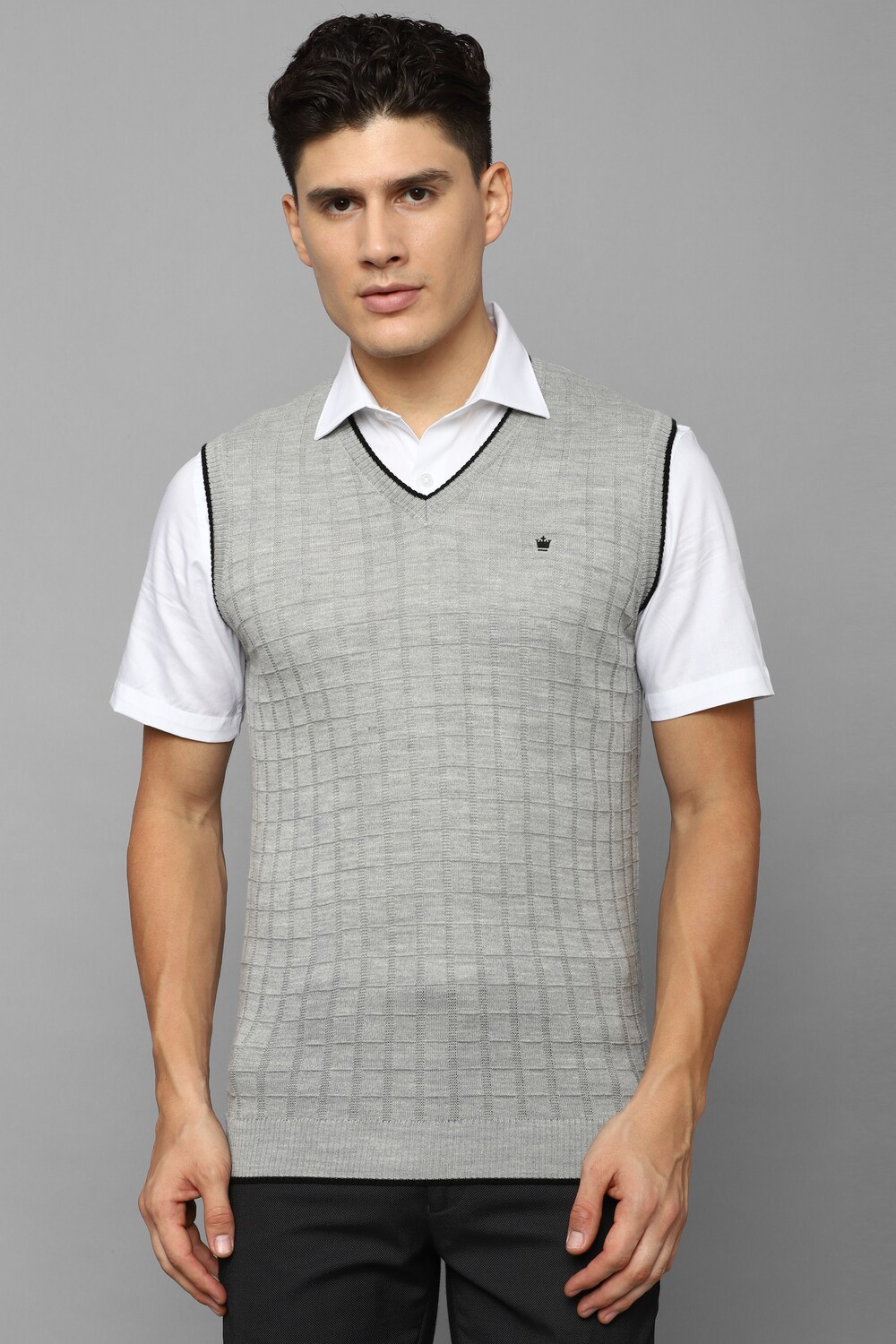 Men Grey Check V Neck Sleeveless Sweater-Grey