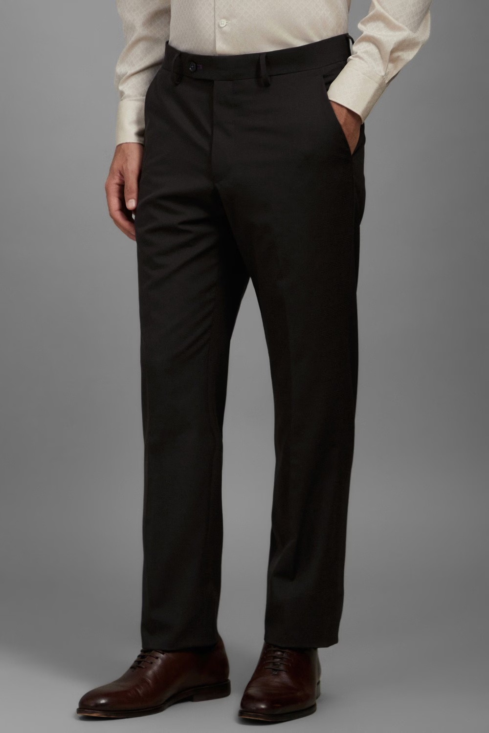 Men Brown Slim Fit Check Flat Front Formal Trousers-Brown