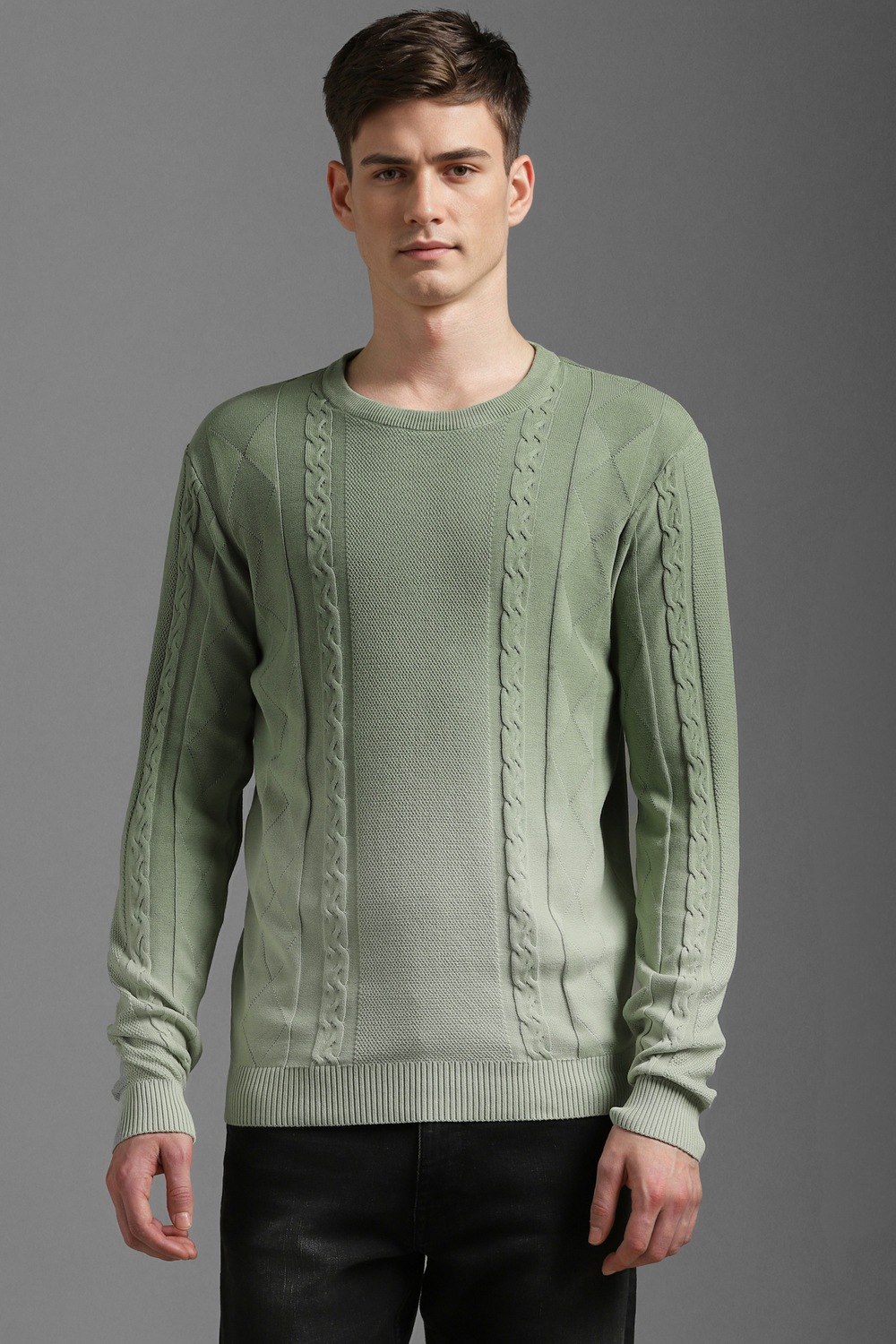 Men Green Print Crew Neck Full Sleeves Sweater-Green