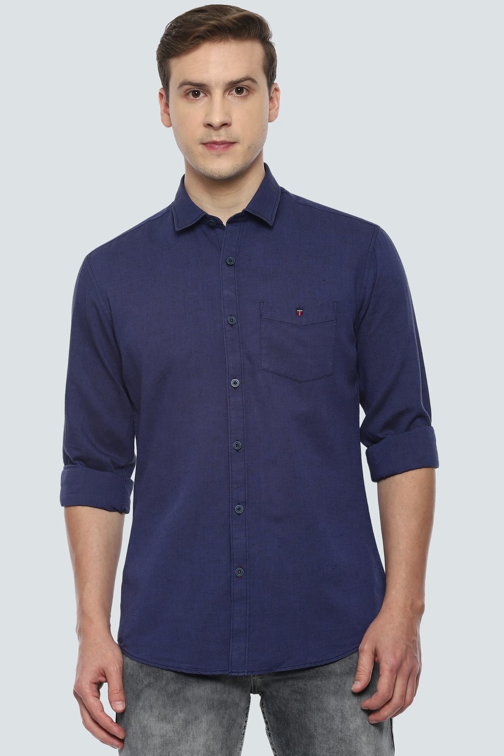 Men Navy Slim Fit Solid Full Sleeves Casual Shirt-Navy