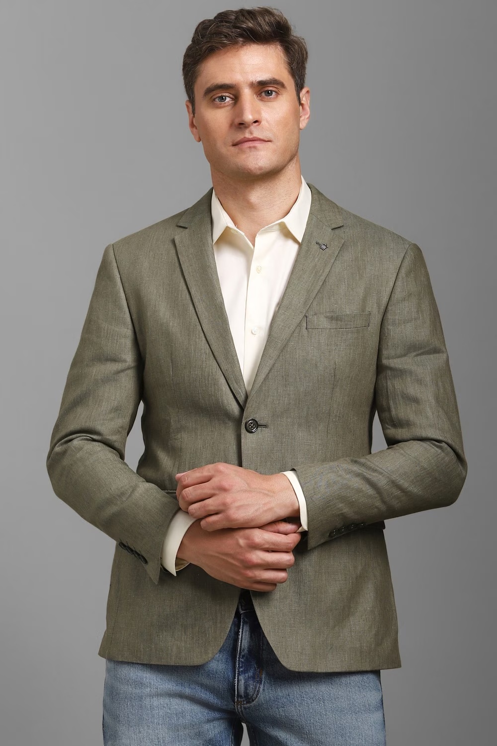 Men Olive Slim Fit Textured Formal Blazer-Olive