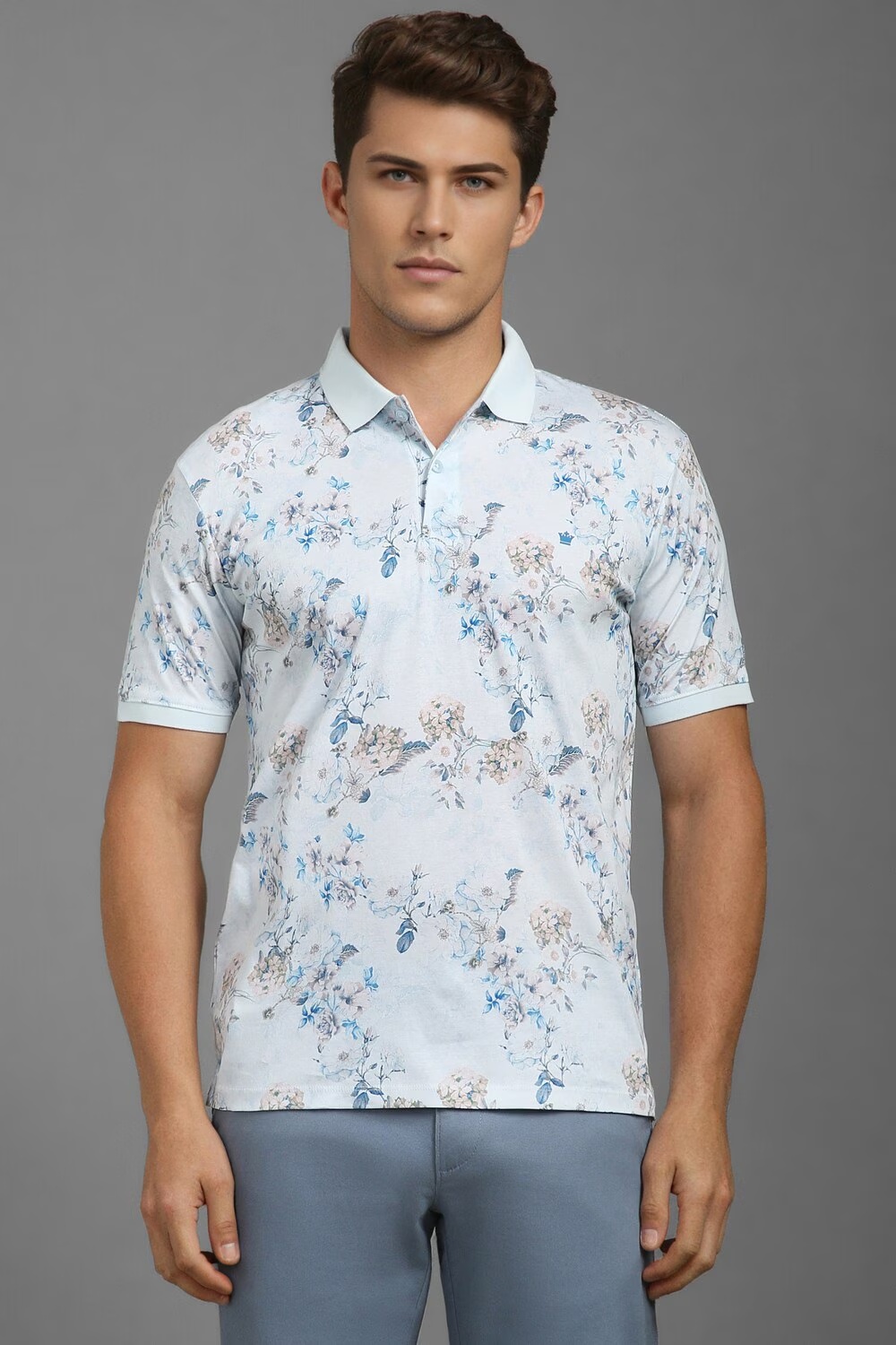 Men Blue Print Polo Neck T-shirt-Blue