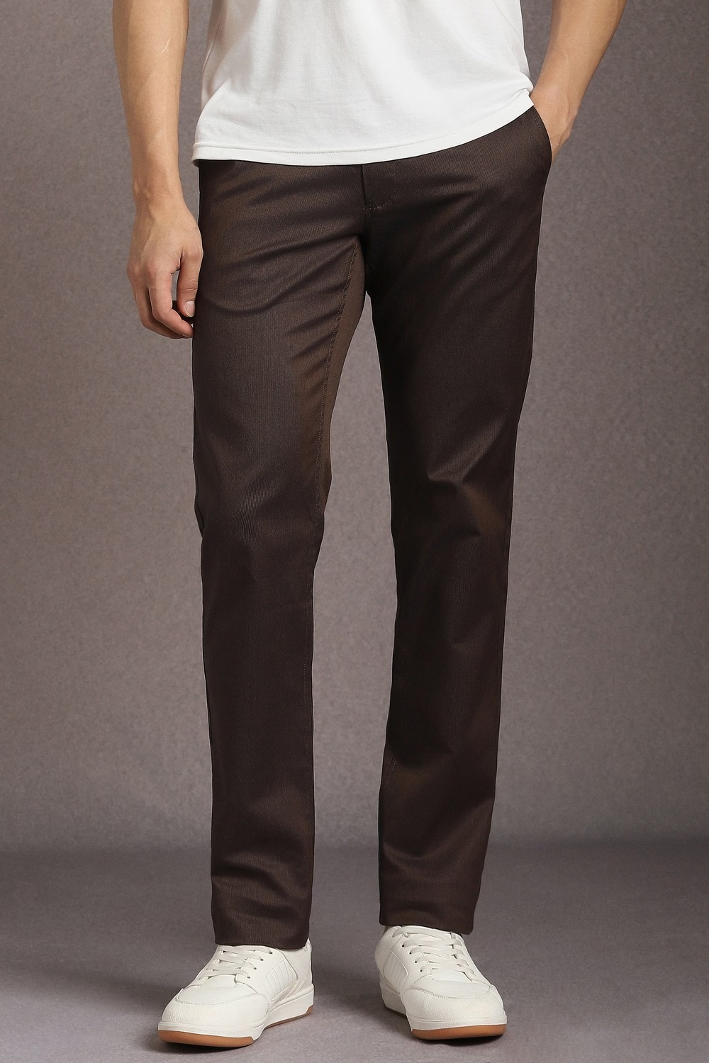 Men Brown Textured Flat Front Casual Trousers-Brown
