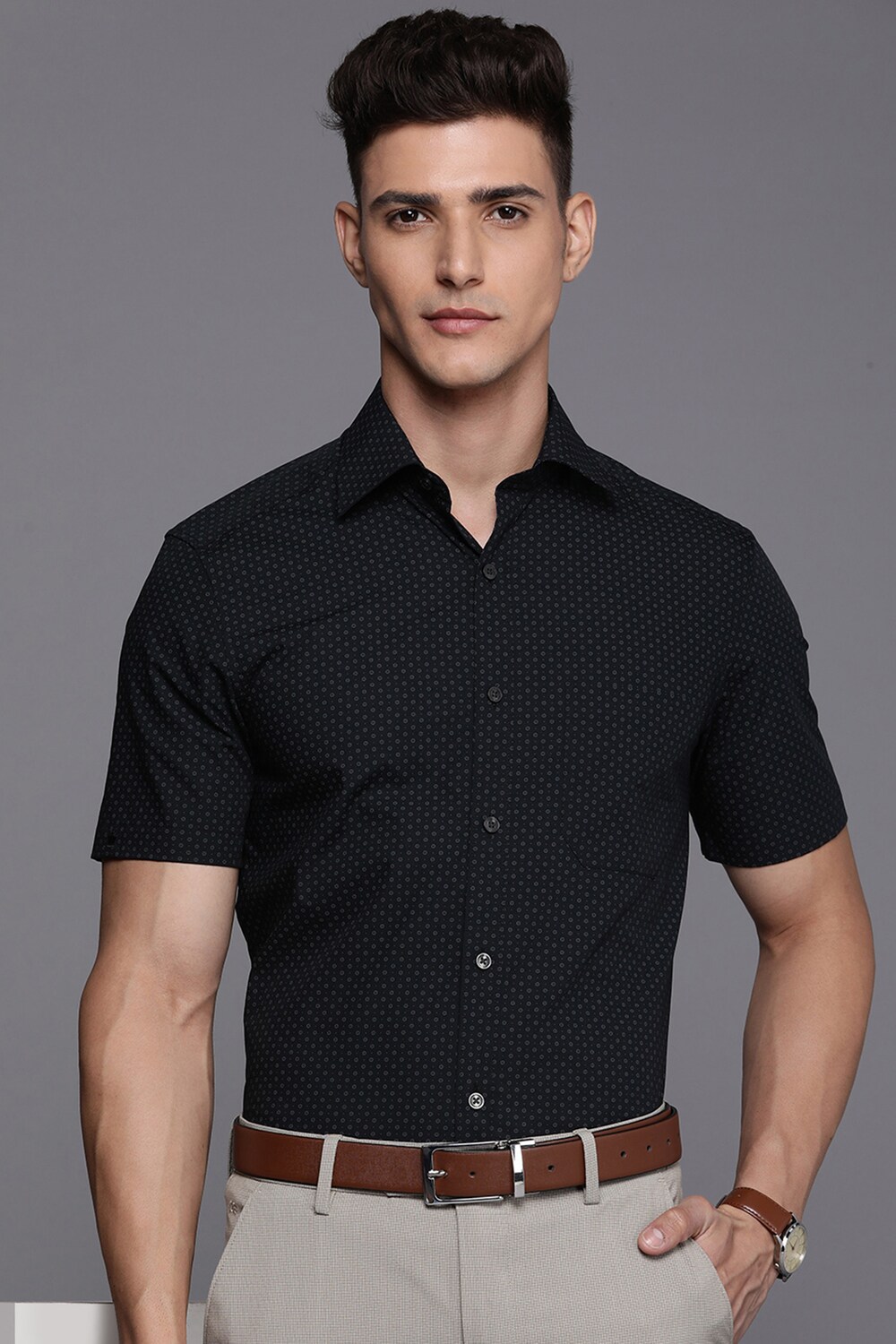 Men Black Classic Fit Print Half Sleeves Formal Shirt-Black 1 21553-men-black-classic-fit-print-half-sleeves-formal-shirt-black-1.jpg