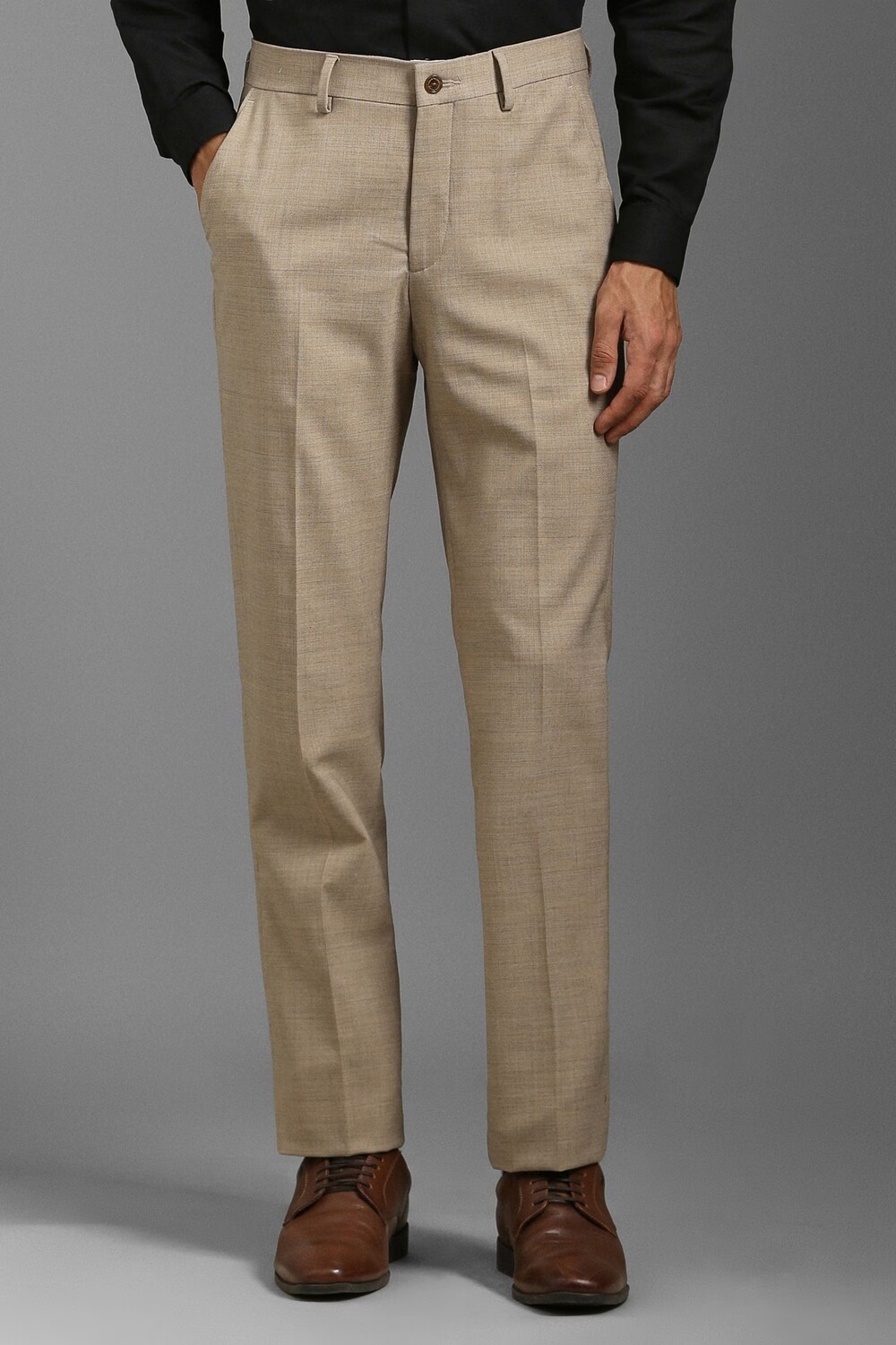 Men Beige Slim Fit Textured Flat Front Formal Trousers-Beige