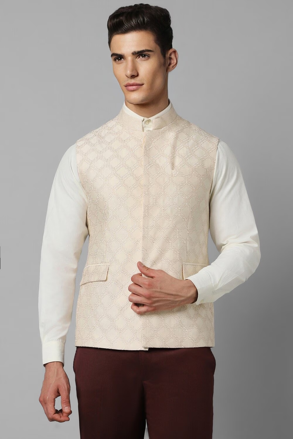 Men Beige Print Slim Fit Party Nehru Jacket-Beige
