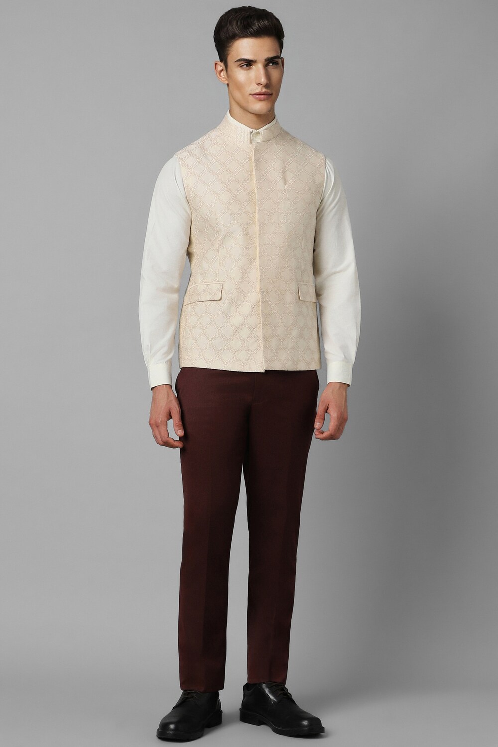 Men Beige Print Slim Fit Party Nehru Jacket-Beige