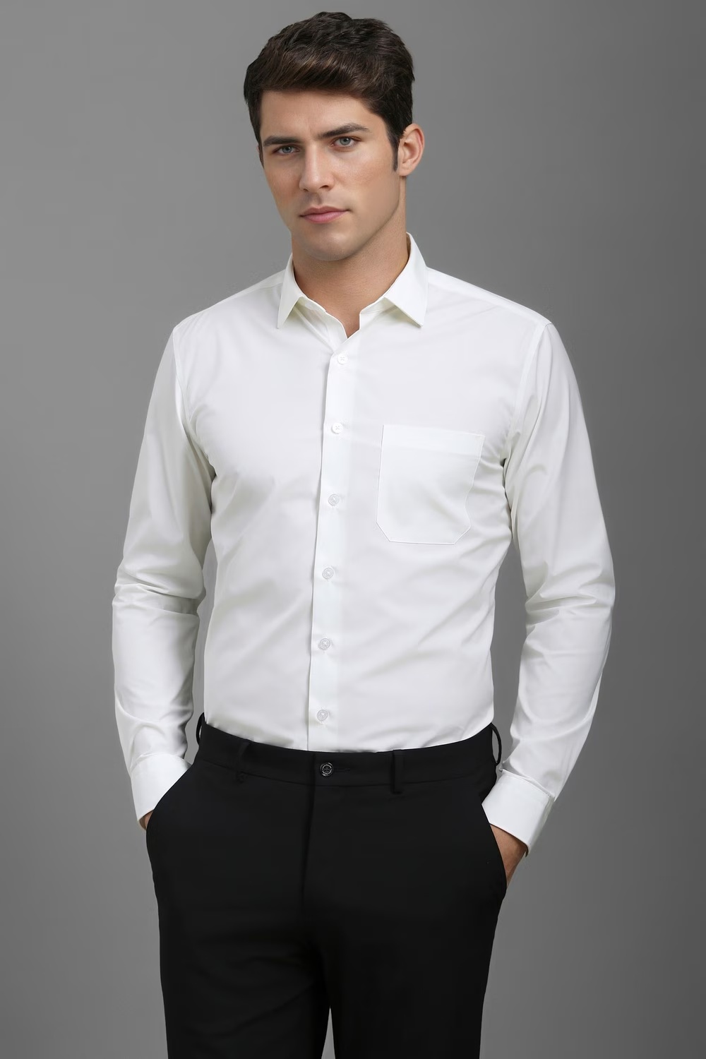 Men White Slim Fit Solid Full Sleeves Formal Shirt-White