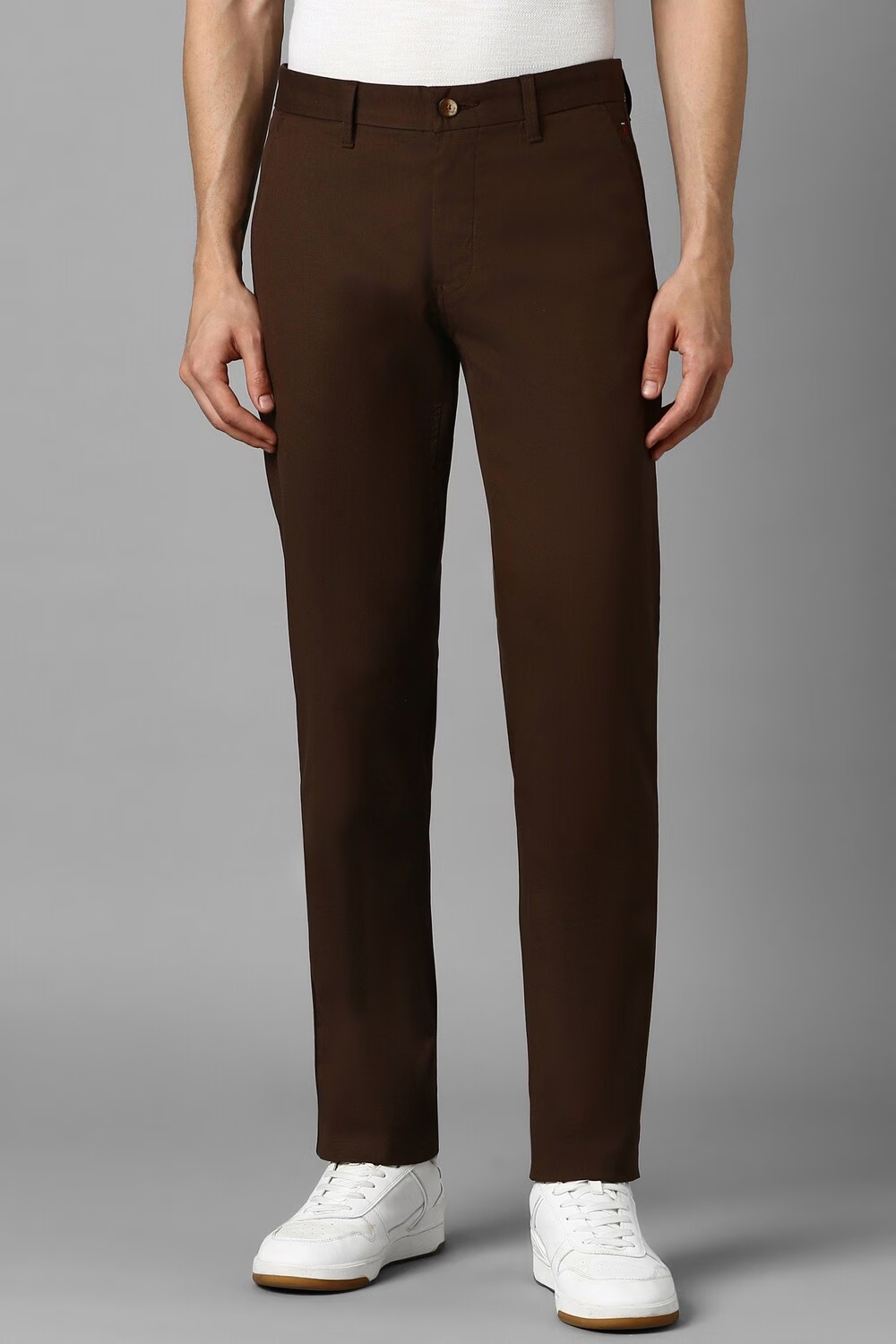 Men Brown Slim Fit Textured Flat Front Casual Trousers-Brown