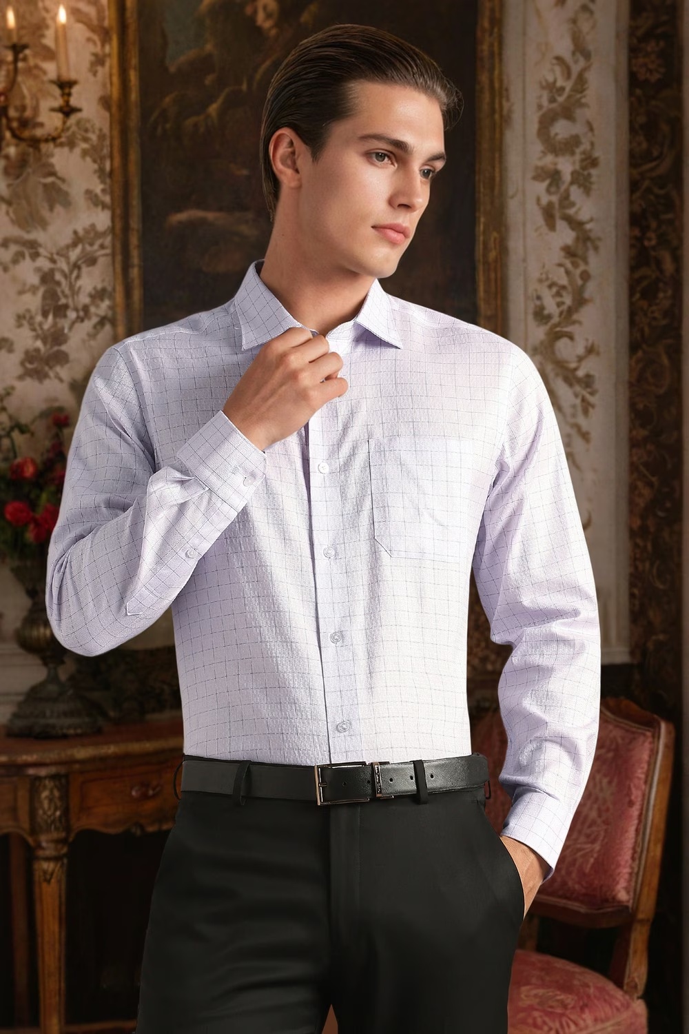 Men Lilac Classic Fit Check Full Sleeves Formal Shirt-Lilac