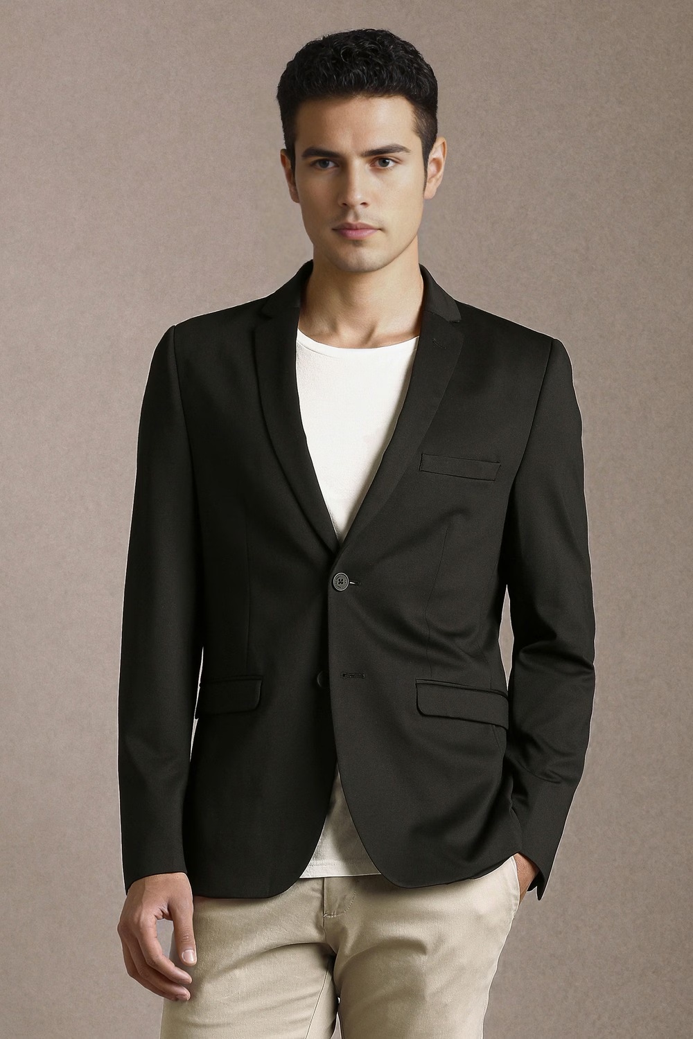 Men Black Solid Casual Blazer-Black