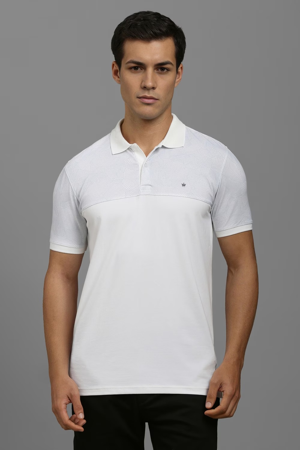 Men White Print Polo Neck T-shirt-White