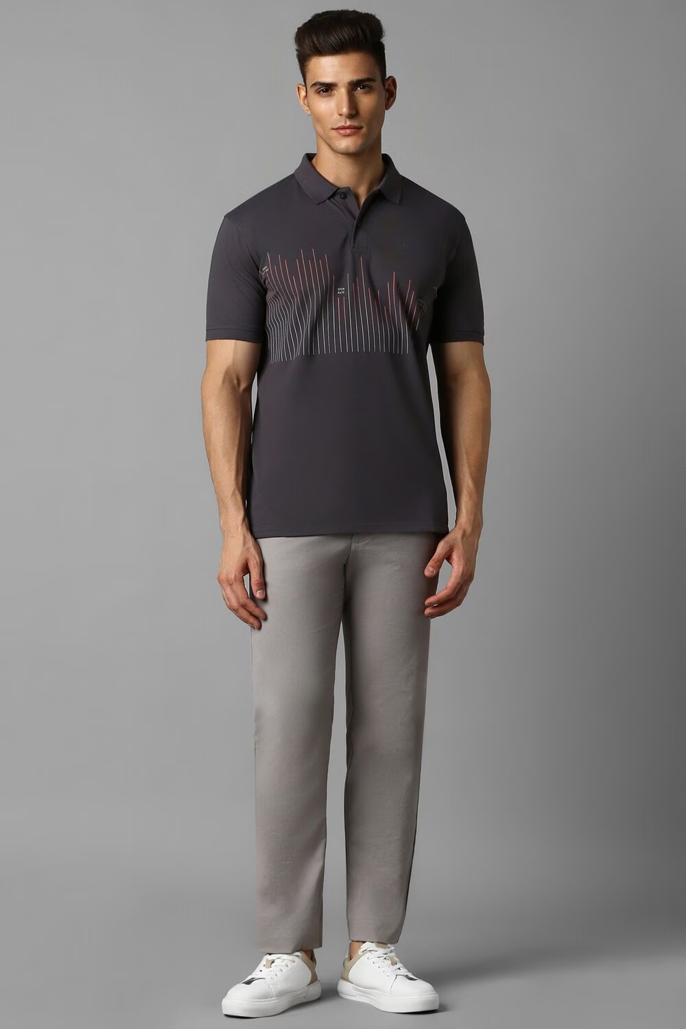Men Grey Print Polo Neck T-shirt-Grey