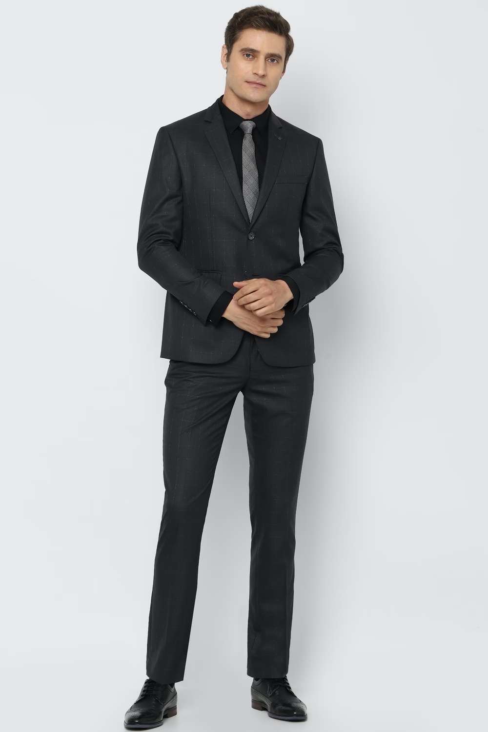 Men Grey Slim Fit Check Formal Two Piece Suit-Grey