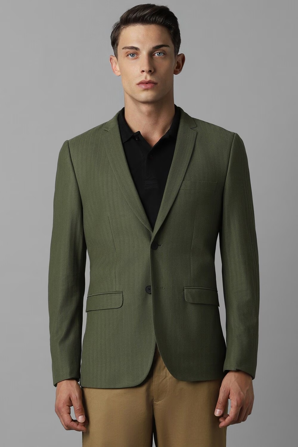 Men Olive Super Slim Fit Textured Casual Blazer-Olive