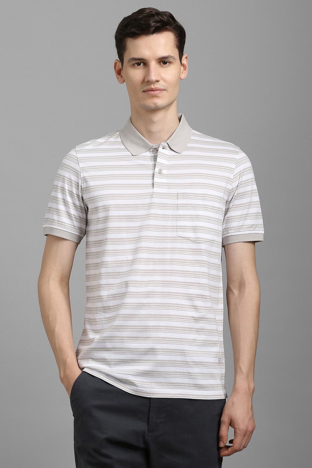 Men White Stripe Polo Neck T-shirt-White