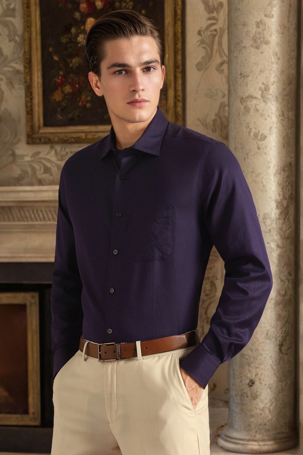 Men Purple Classic Fit Textured Full Sleeves Formal Shirt-Purple