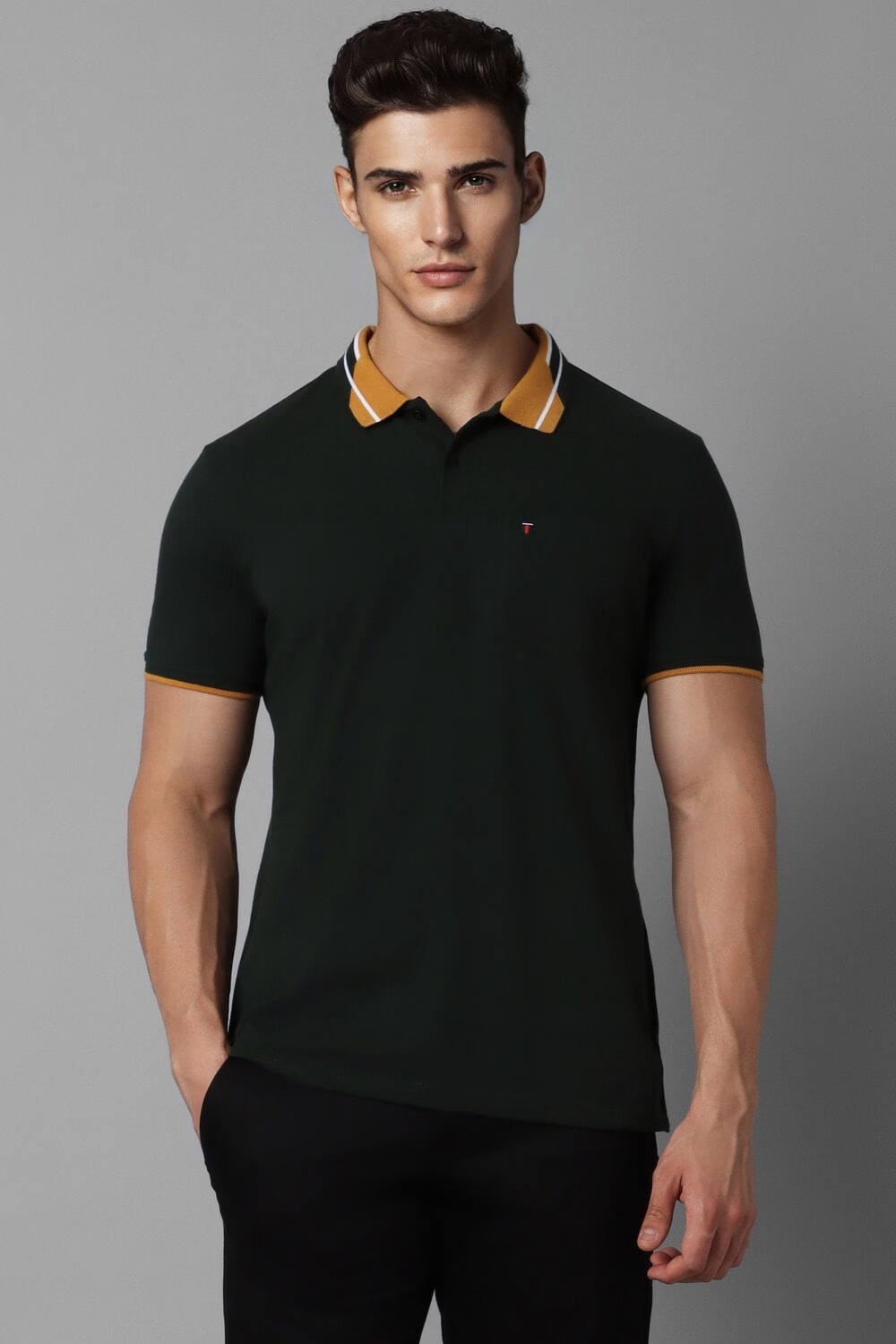 Men Green Solid Polo Neck T-shirt-Green