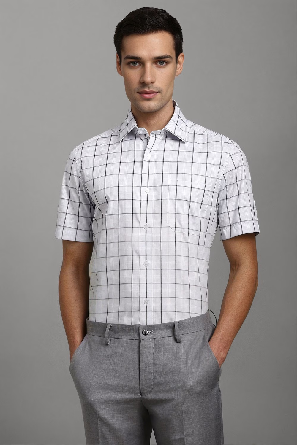 Men White Check Half Sleeves Formal Shirt-White