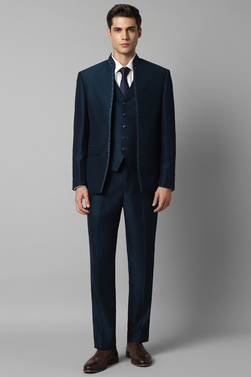 Men Navy Slim Fit Solid Party Three Piece Suit-Navy