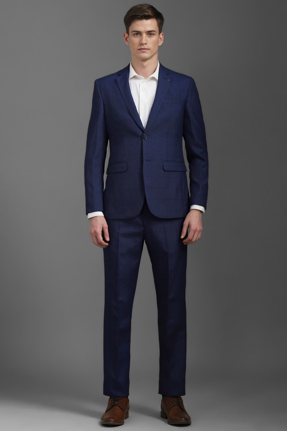 Men Navy Slim Fit Check Formal Two Piece Suit-Navy