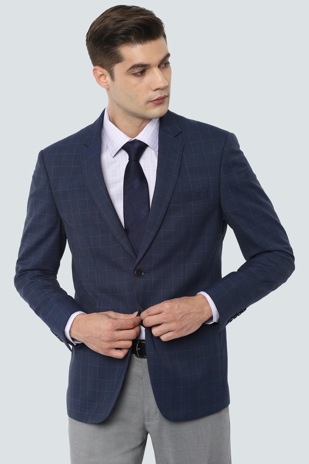Men Navy Slim Fit Check Formal Blazer-Navy