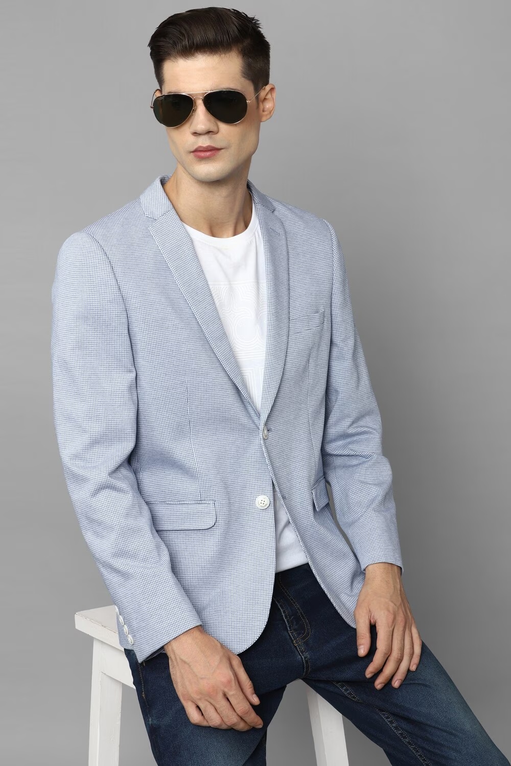 Men Blue Super Slim Fit Textured Casual Blazer-Blue