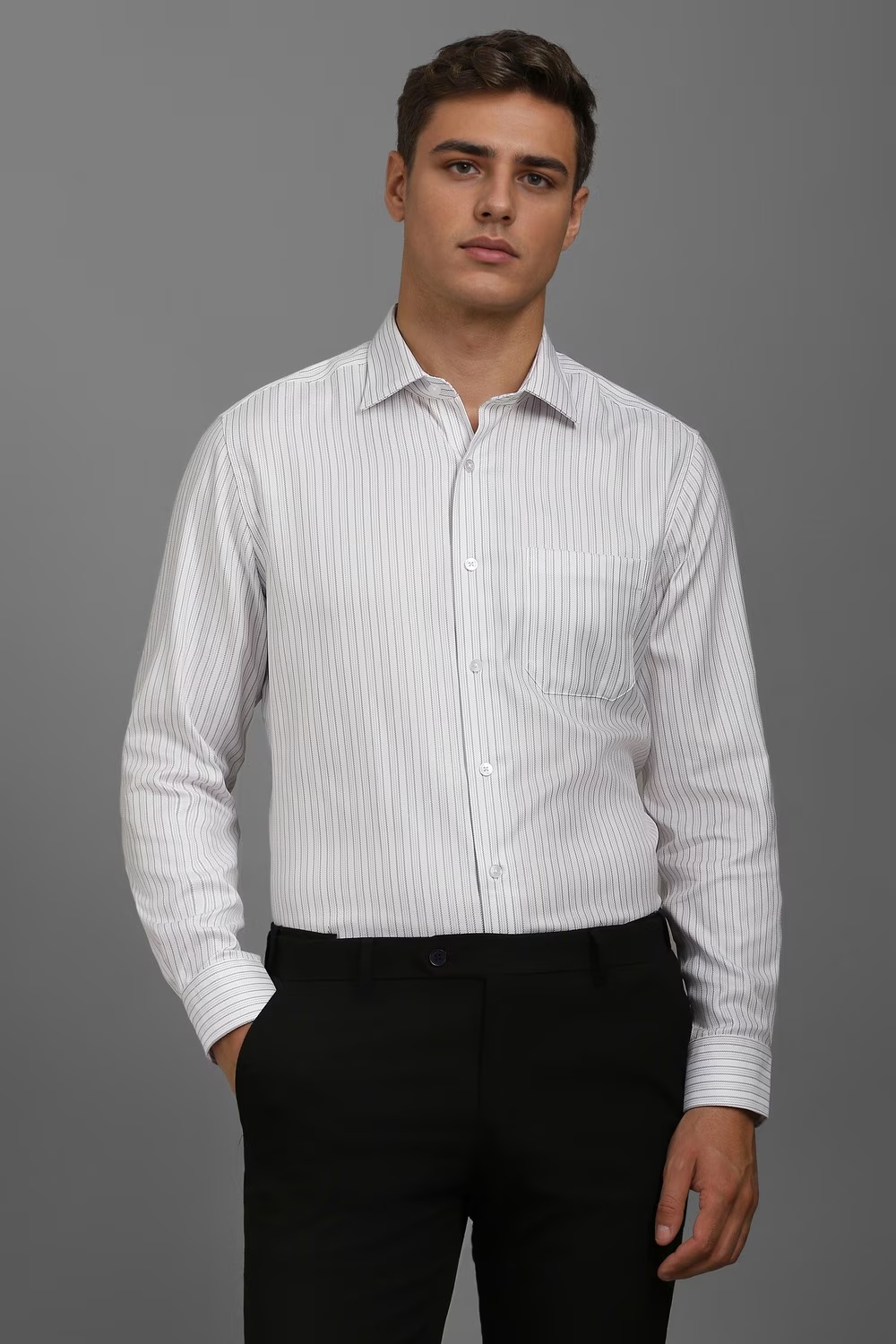 Men White Classic Fit Stripe Full Sleeves Formal Shirt-White