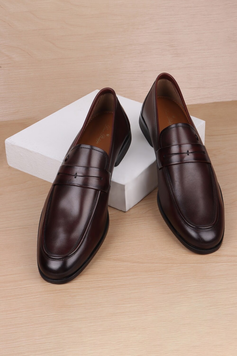 Men Brown Leather Slip Ons-Brown