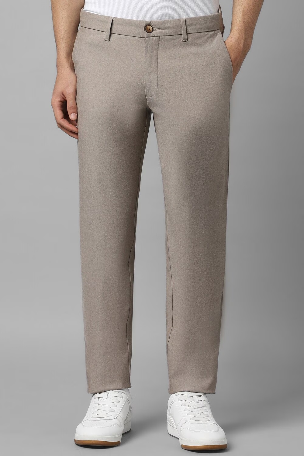 Men Khaki Slim Fit Textured Flat Front Casual Trousers-Khaki