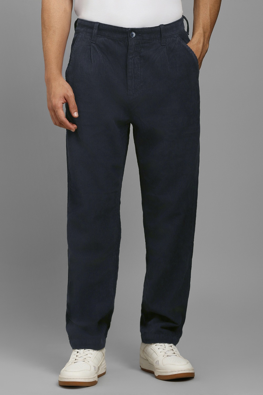 Men Navy Contemporary Fit Textured Pleated Casual Trousers-Navy