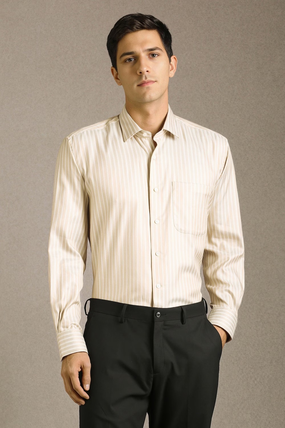 Men Beige Stripe Full Sleeves Formal Shirt-Beige