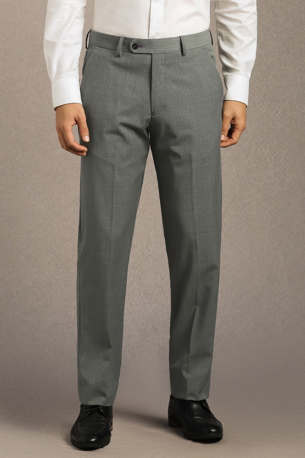 Men Grey Textured Flat Front Formal Trousers-Grey