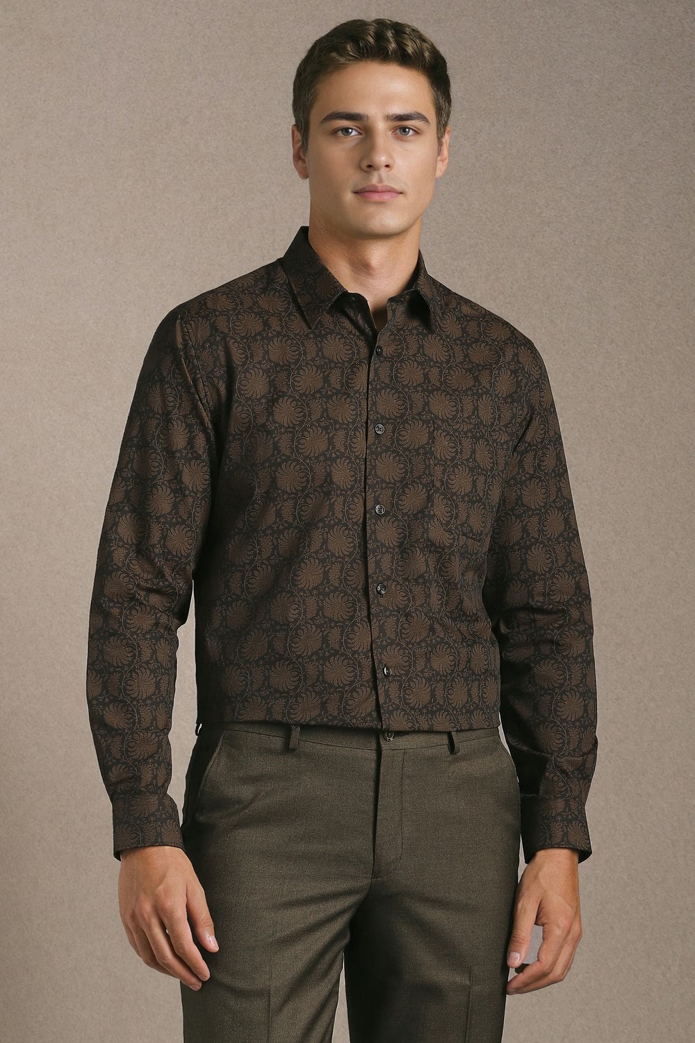 Men Brown Print Full Sleeves Formal Shirt-Brown