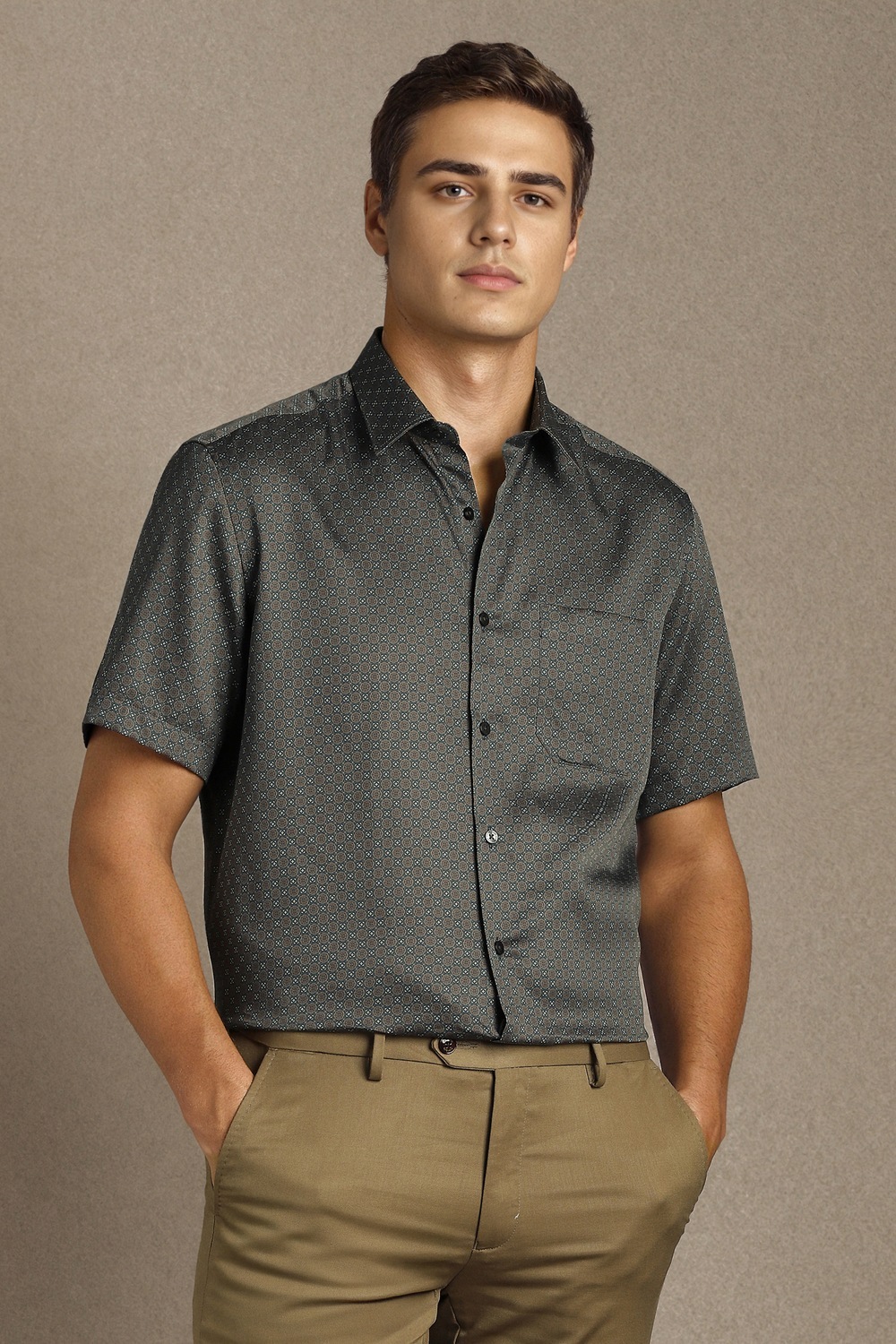 Men Grey Print Half Sleeves Formal Shirt-Grey