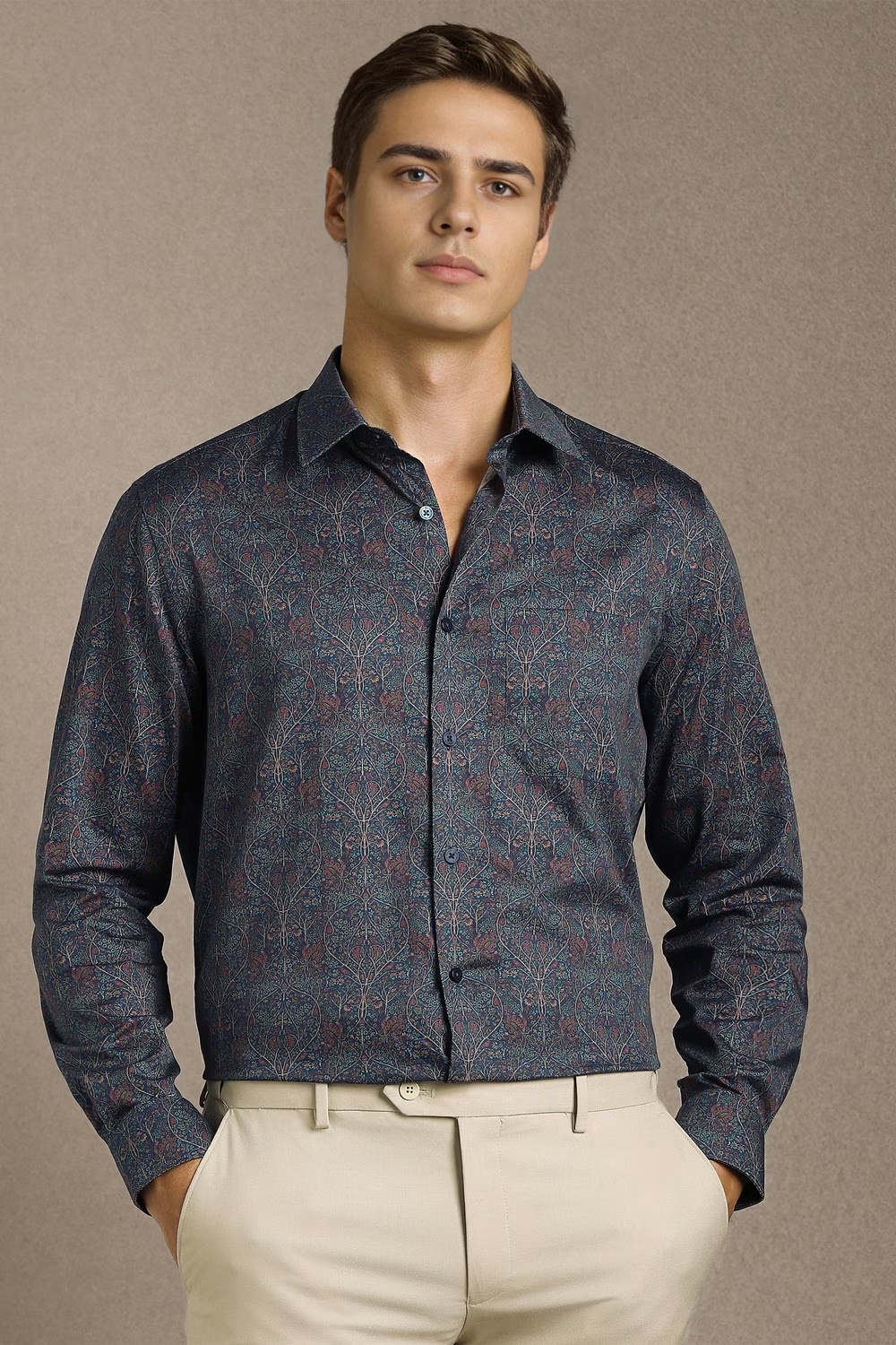 Men Navy Print Full Sleeves Formal Shirt-Navy