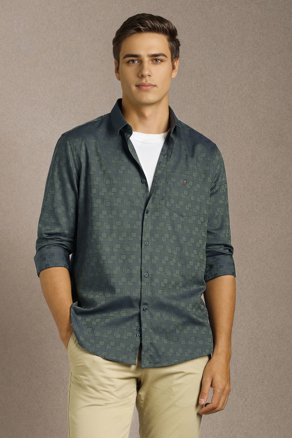 Men Olive Print Full Sleeves Casual Shirt-Olive