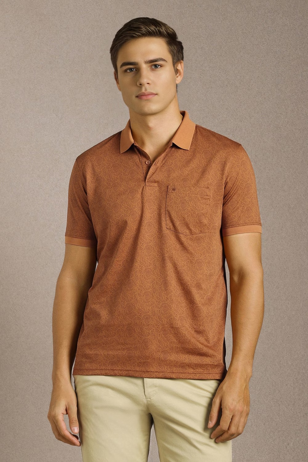 Men Brown Print Polo Neck T-shirt-Brown