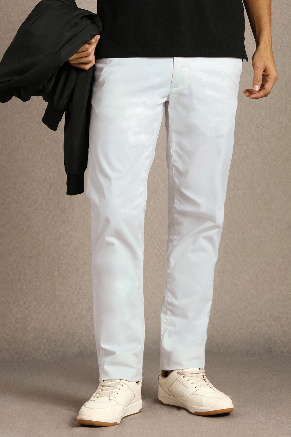 Men White Solid Flat Front Casual Trousers-White