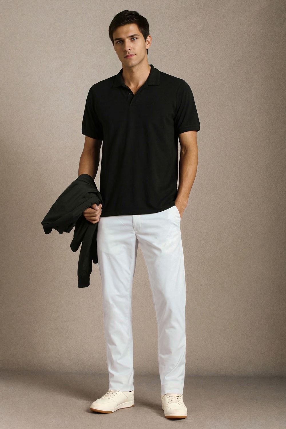 Men White Solid Flat Front Casual Trousers-White