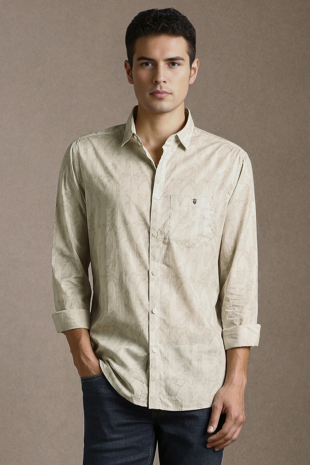 Men Beige Print Full Sleeves Casual Shirt-Beige