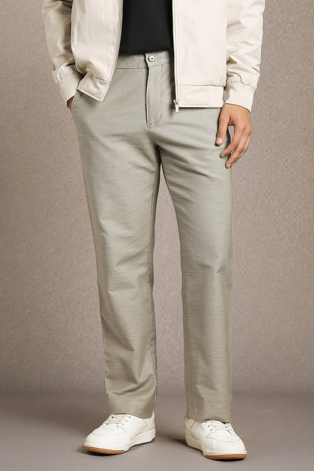 Men Grey Textured Flat Front Casual Trousers-Grey
