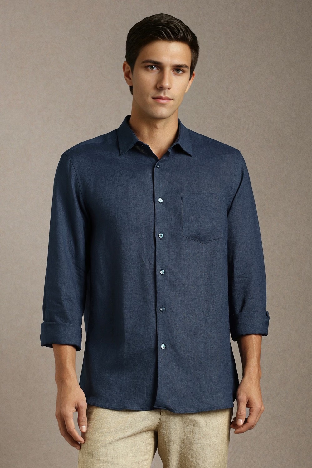 Men Navy Solid Full Sleeves Formal Shirt-Navy