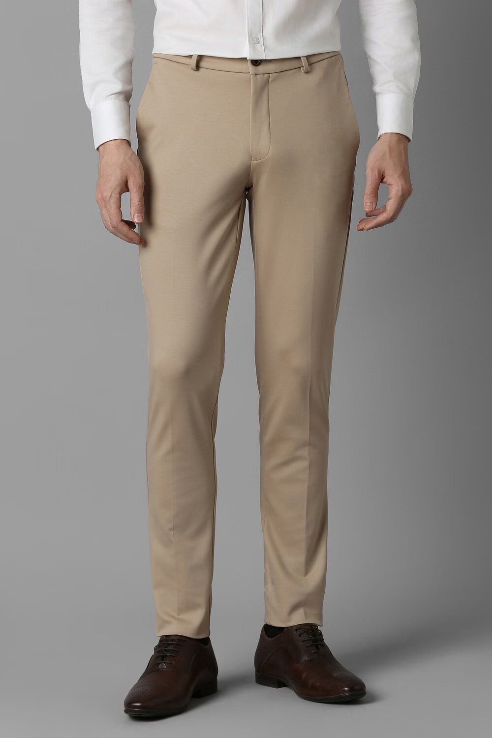 Men Beige Slim Fit Solid Flat Front Formal Trousers-Beige