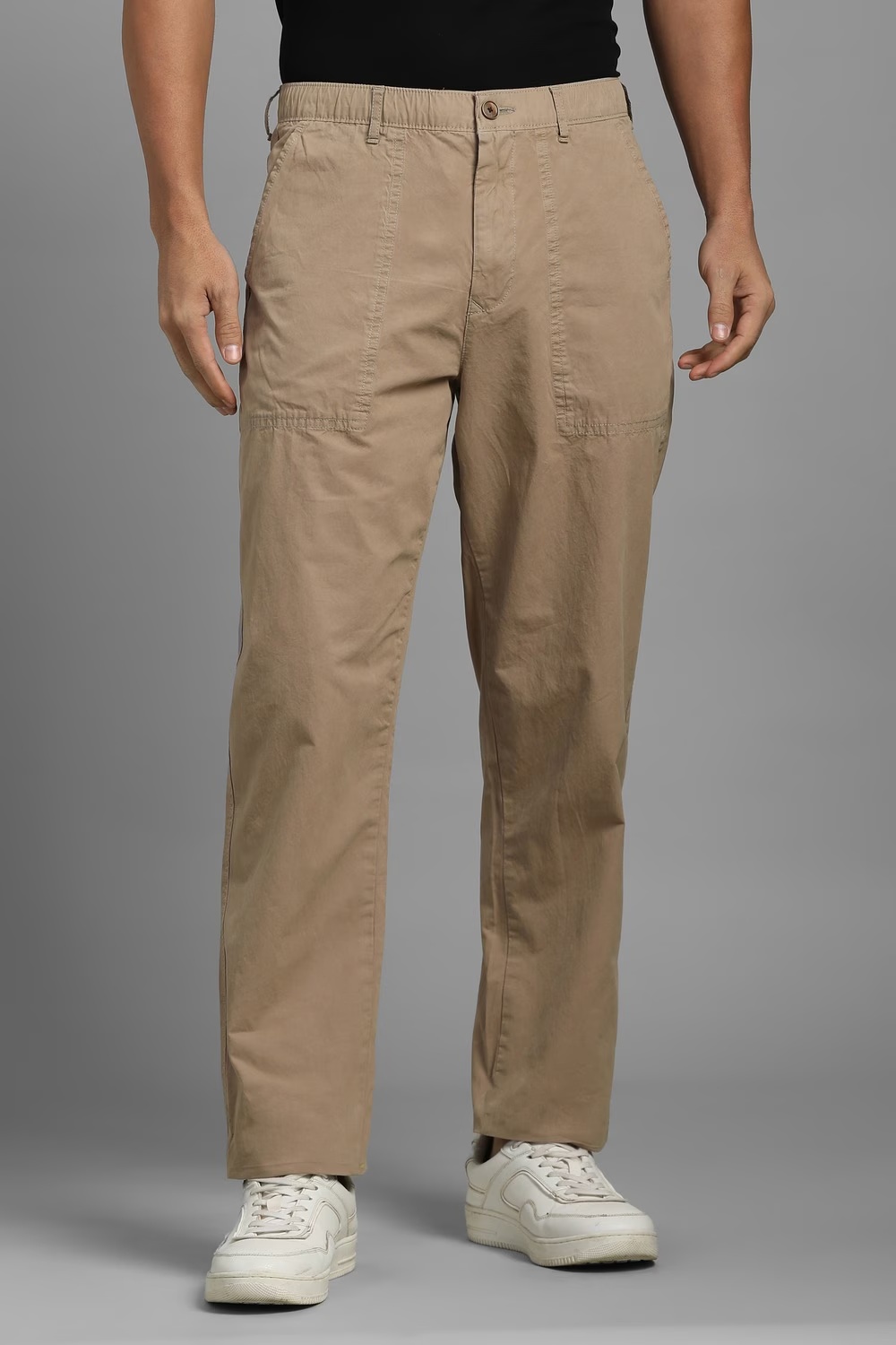Men Beige Solid Flat Front Casual Trousers-Beige