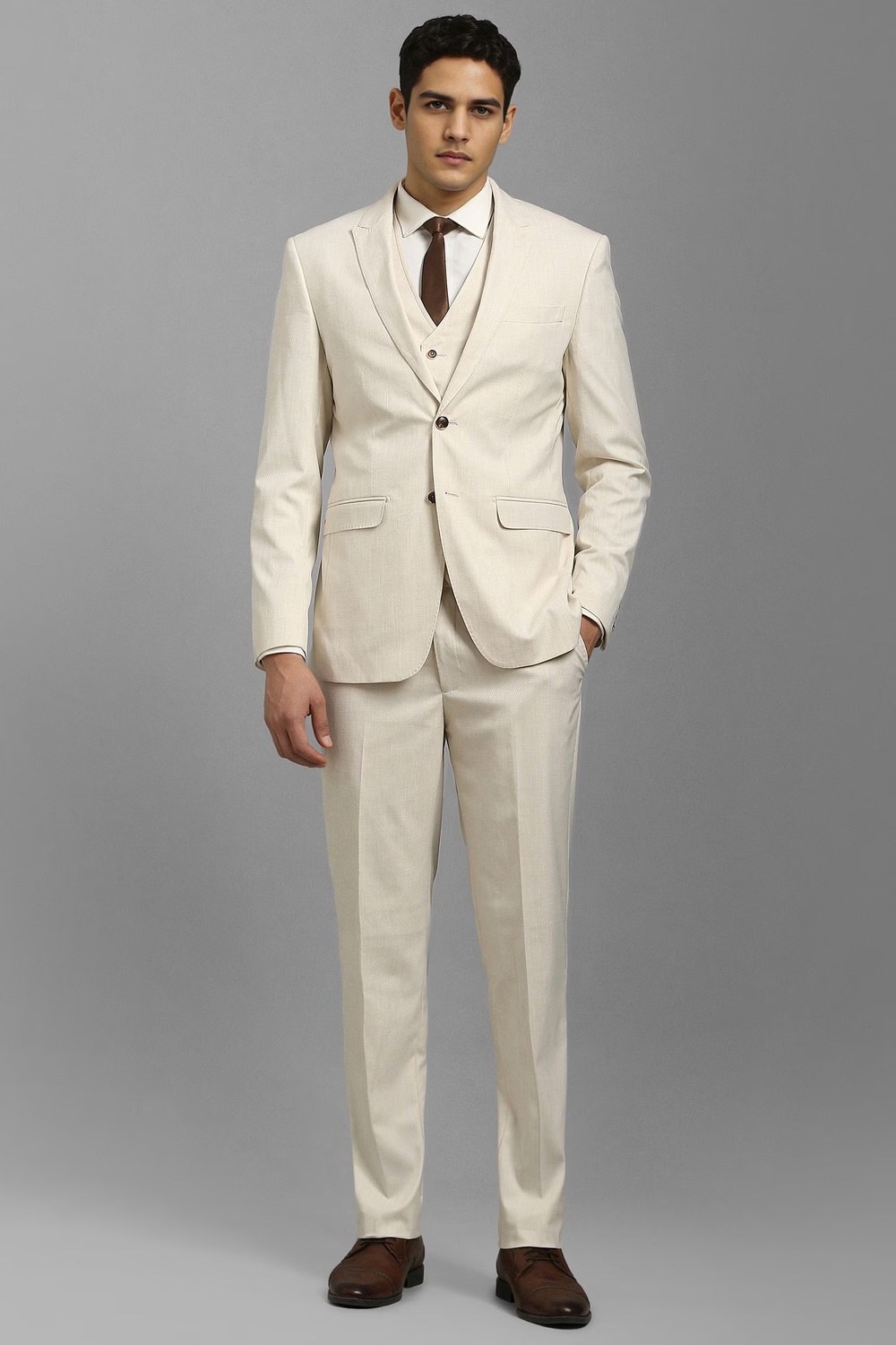 Men Beige Textured Formal Three Piece Suit-Beige