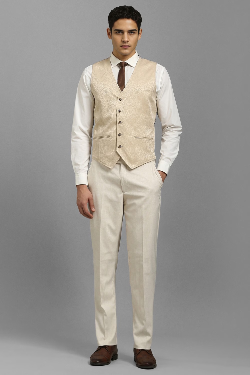 Men Beige Textured Formal Three Piece Suit-Beige