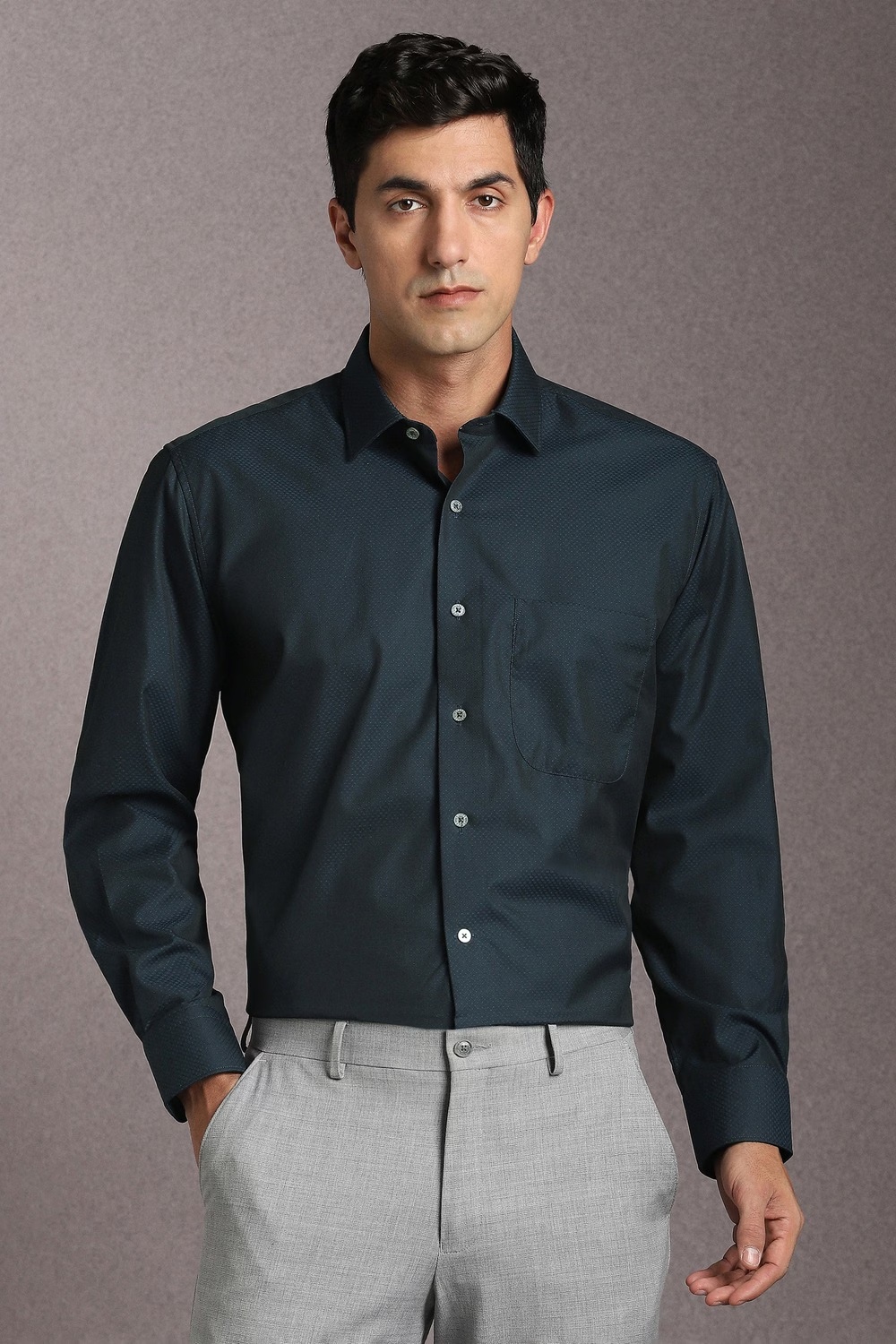 Men Navy Textured Full Sleeves Formal Shirt-Navy